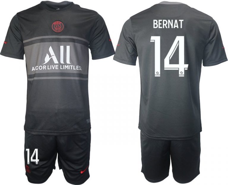 Fußball Trikotsatz PSG Ausweichtrikot 2021/2022 schwarz/grau mit Aufdruck Bernat 14