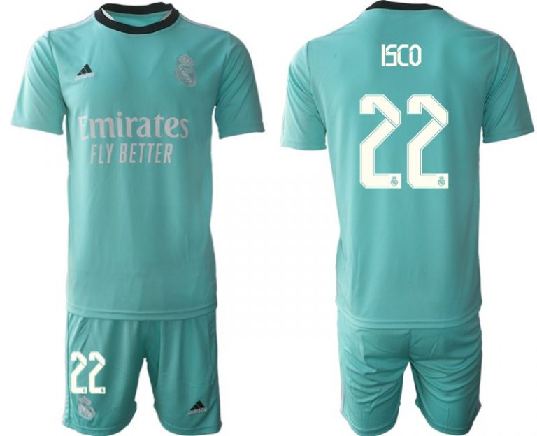 Fußball Trikotsatz Real Madrid Ausweichtrikot 2022 grün mit Aufdruck ISCO 22