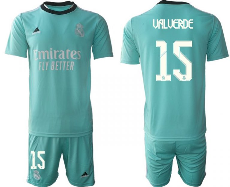 Fußball Trikotsatz Real Madrid Ausweichtrikot 2022 grün mit Aufdruck Valverde 15