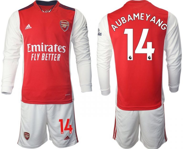 Personalisierbar Trikotsatz FC Arsenal Heimtrikot 2022 Langarm weiß/rot Aubameyang 14