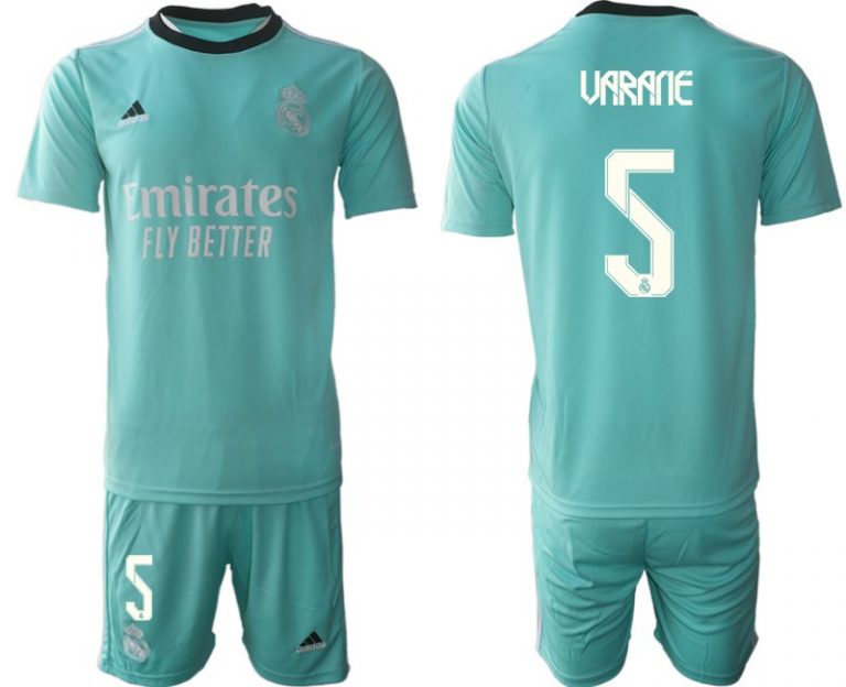 Personalisierbar Trikotsatz Real Madrid Ausweichtrikot 2022 grün mit Aufdruck Varane 5