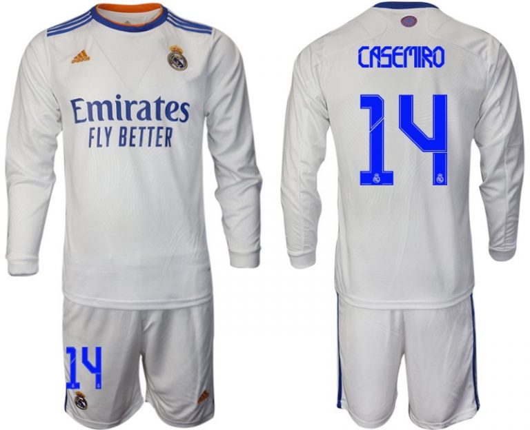 Real Madrid Heimtrikot 2022 weiß Langarm Trikotsatz mit Aufdruck Casemiro 14