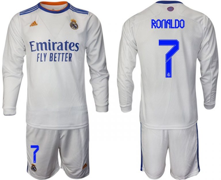 Real Madrid Heimtrikot 2022 weiß Langarm Trikotsatz mit Aufdruck Ronaldo 7