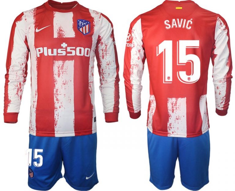 Atlético Madrid 2021/22 Heimtrikot Langarm + Kurze Hosen mit Aufdruck Savić 15