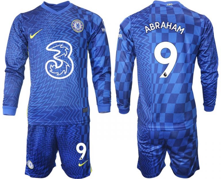 Chelsea FC Heimtrikot 2022 mit Aufdruck Abraham 9 blau Langarm + Kurze Hosen