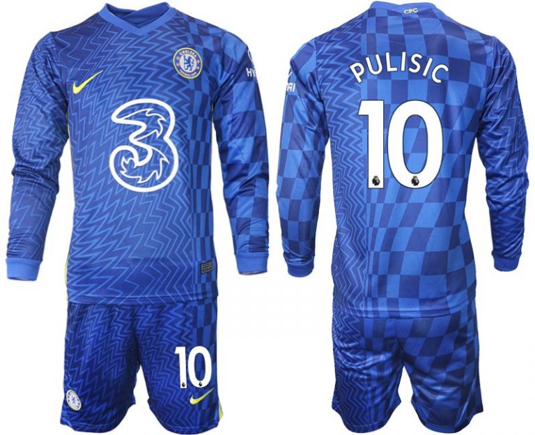 Chelsea FC Heimtrikot 2022 mit Aufdruck Pulisic 10 blau Langarm + Kurze Hosen