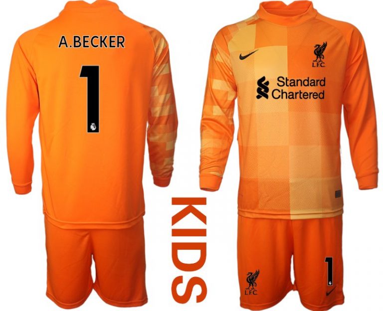 FC Liverpool Torwarttrikot Langarm Orange für Kinder mit Aufdruck A.BECKER 1