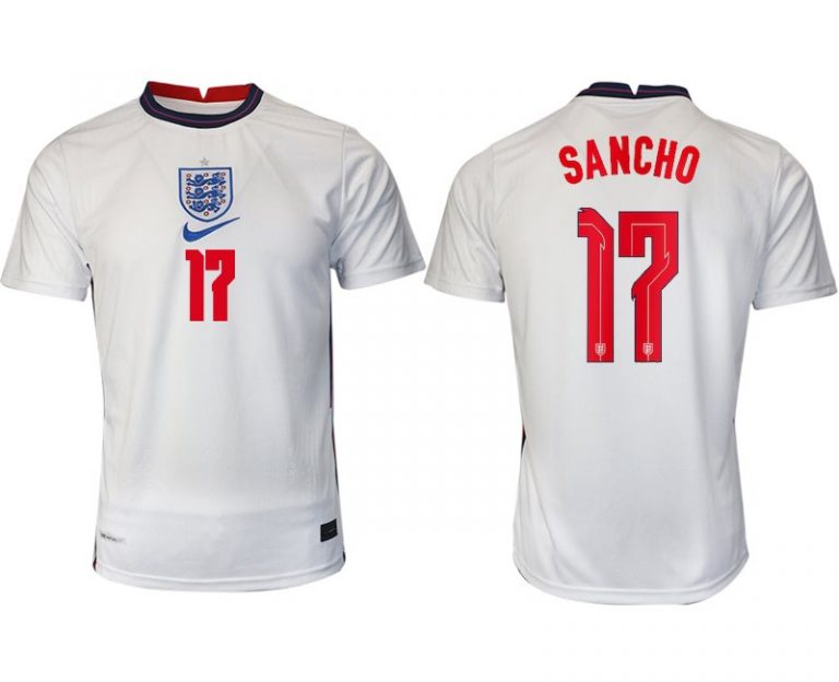 Fußballtrikot Kurzarm England Heimtrikot EM 2022 weiß/blau mit Aufdruck SANCHO 17