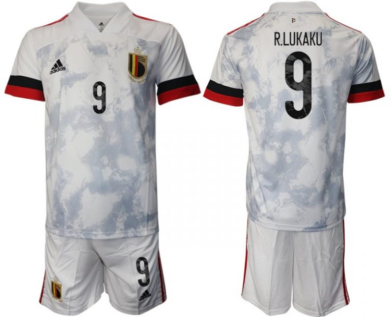 Fussballtrikot Set Herren Belgien Auswärtstrikot EM 2020 weiß mit Aufdruck R.LUKAKU 9