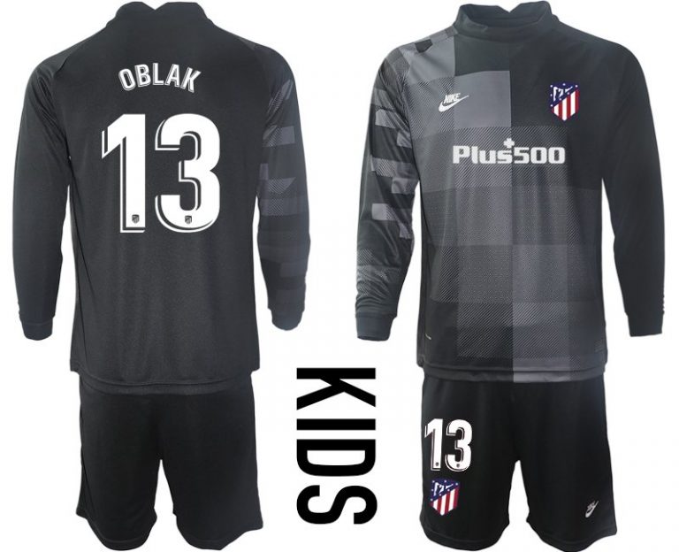 Kinder Atlético Madrid Torwarttrikot Trikotsatz Langarm in schwarz mit Aufdruck OBLAK 13