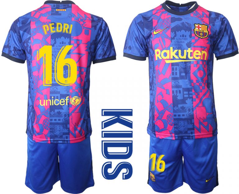 Kinder Ausweichtrikot Blaue T-Shirt Barcelona 2021/22 Drittes Trikot mit Aufdruck PEDRI 16