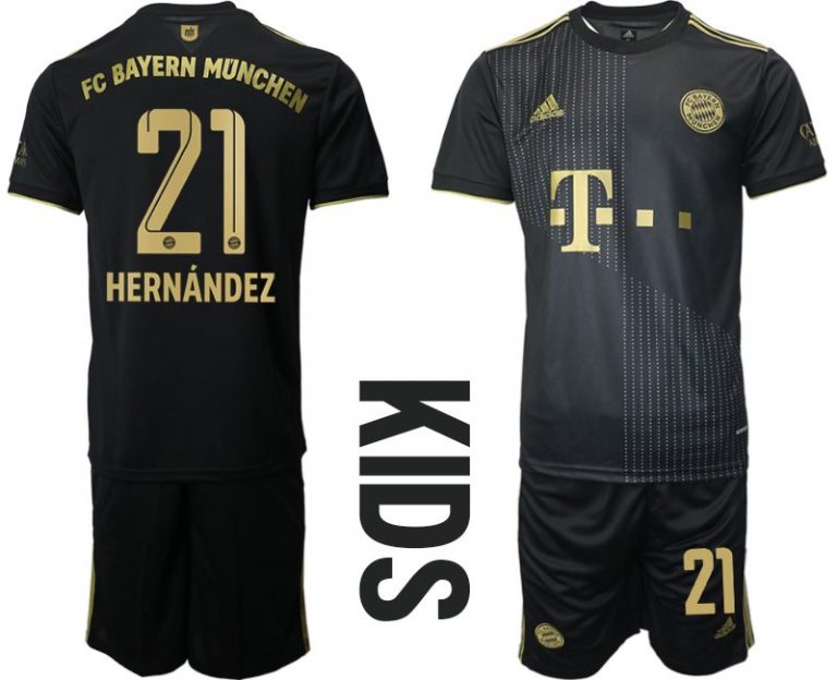 Kinder FC Bayern München Away Trikot 2022 Schwarz mit Aufdruck Hernandez 21