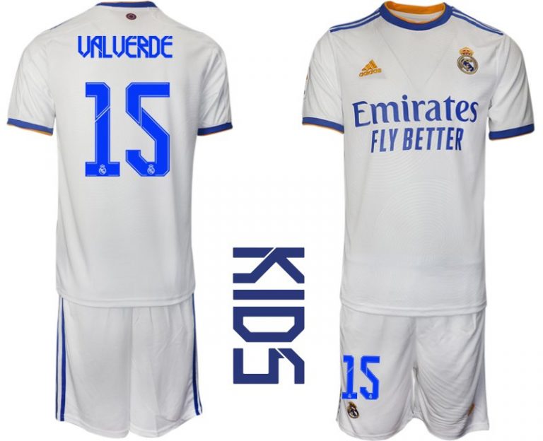 Kinder Fußballtrikot Real Madrid 2021/22 Heimtrikot weiss blau mit Aufdruck Valverde 15