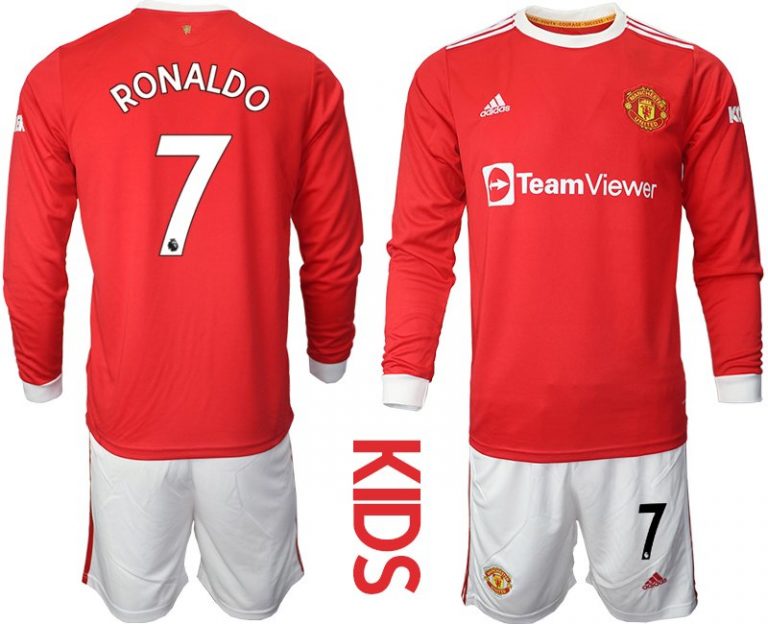 Kinder Manchester United Cup Authentic Heimtrikot 2022 Langarm mit Aufdruck Ronaldo 7