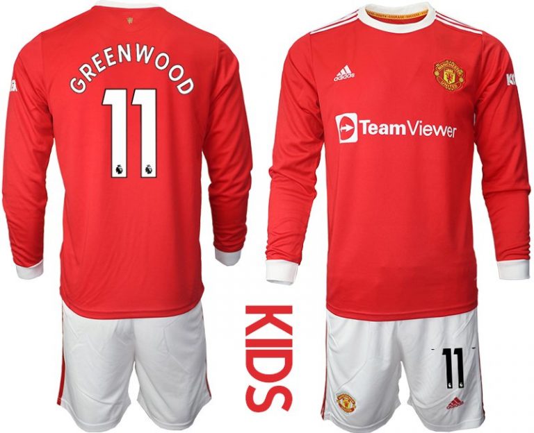 Kinder Manchester United Heimtrikot 2021-22 Langarm in rot mit Aufdruck Greenwood 11