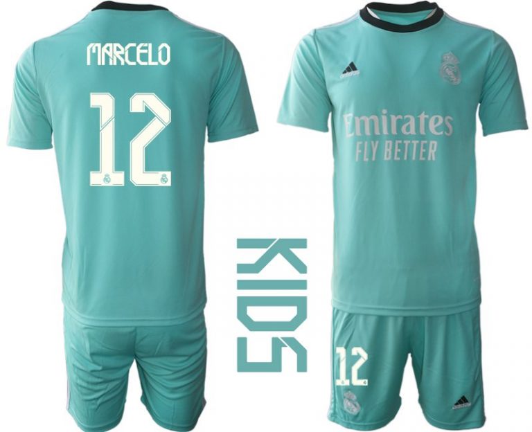 Kinder Real Madrid 2021/22 Mini Kit 3rd Trikot türkis/weiß mit Aufdruck Marcelo 12