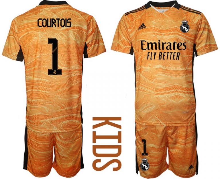 Kinder Real Madrid Torwart Trikot Set in orange mit Aufdruck Courtois 1