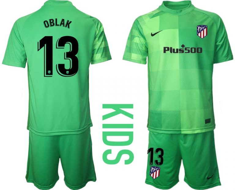 OBLAK 13 Atlético Madrid Torwart Trikot in Grün für Kinder Kurzarm + Kurze Hosen