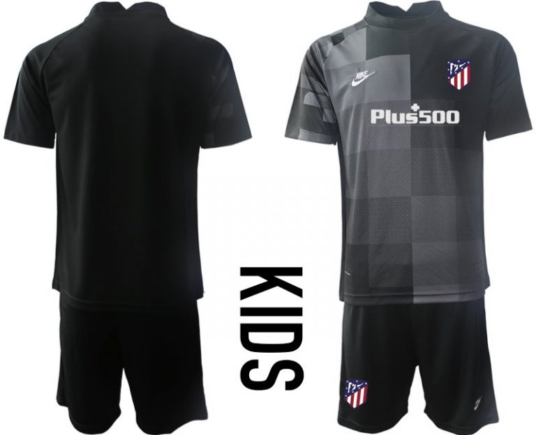 Personalisierbar Atlético Madrid Torwart Trikot schwarz Kinder Trikotsatz Kurzarm + Kurze Hosen