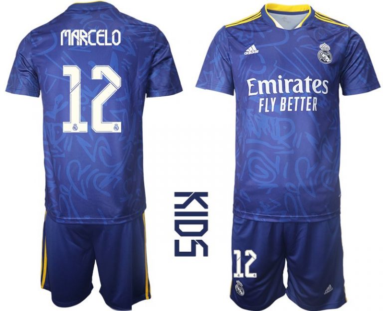 Real Madrid Auswärtstrikot Set blau 2021/22 Away Trikot für Kinder mit Aufdruck Marcelo 12