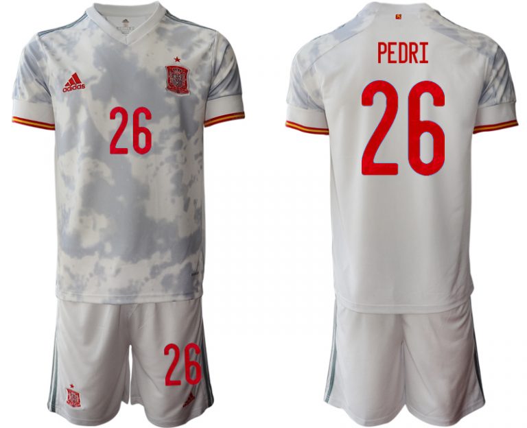 Spanien Trikot Away EM 2021 Weiss Kurzarm + Kurze Hosen PEDRI 26