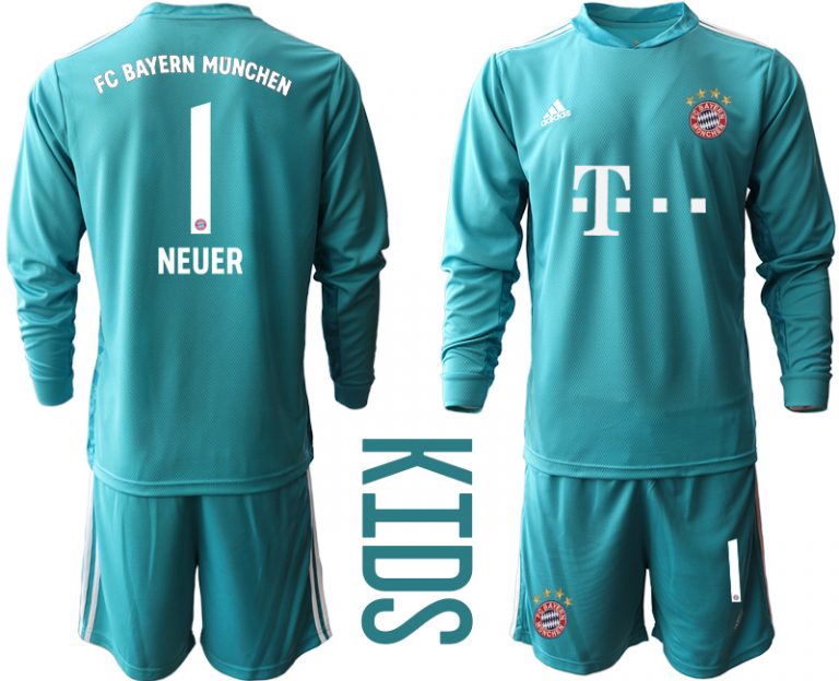 Bayern Munich Torwart Kindertrikot für draußen Blau Trikotsatz Langarm + Kurze Hosen NEUER #1