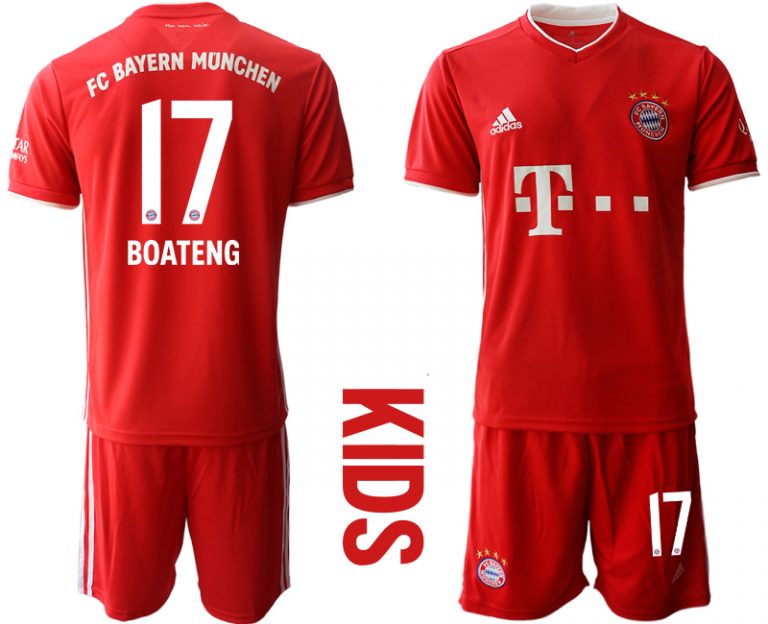 Rot Bayern München 2020-2021 Torwart-Auswärtstrikot Kurzarm Kinder Trikotsatz BOATENG 17