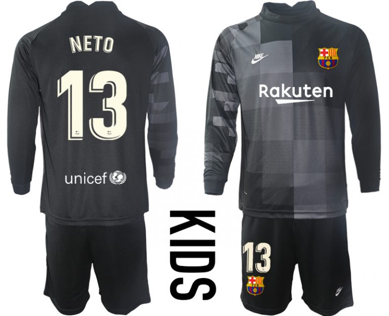 Kinder FC Barcelona Torwarttrikot Langarm schwarz Günstige Fußballtrikot NETO #13