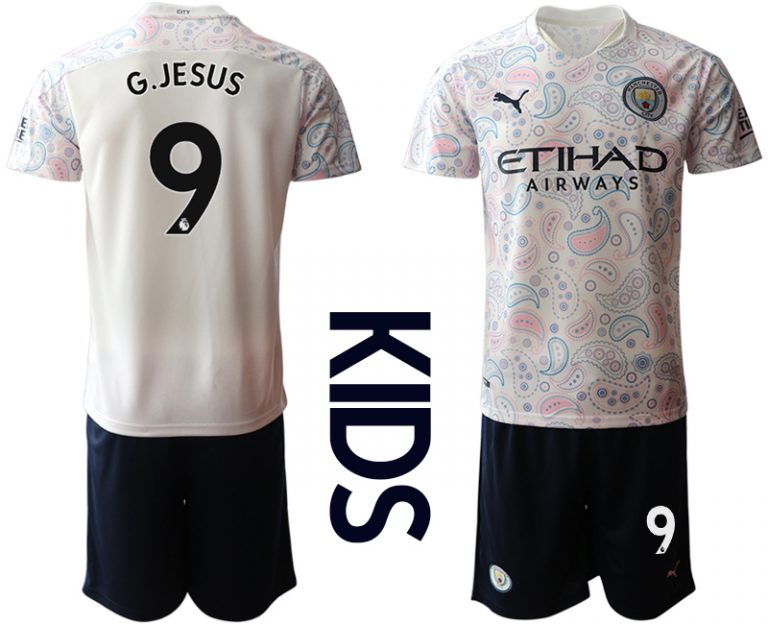 Kinder Manchester City Ausweichtrikot 2020-2021 Trikotsatz weiß/violett 3rd Trikot G.JESUS #9