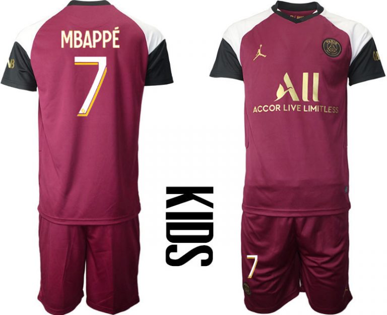 Kinder Paris Saint Germain Ausweichtrikot 20-21 PSG 3rd Trikot weinrot mit Aufdruck MBAPPÉ 7