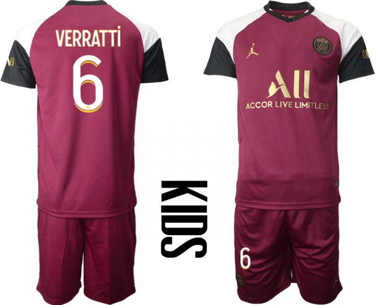 Kinder Paris Saint Germain Ausweichtrikot 20-21 PSG 3rd Trikot weinrot mit Aufdruck VERRATTi 6