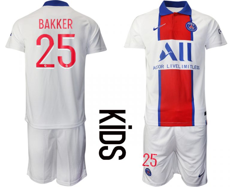 Kinder Paris Saint Germain PSG Auswärtstrikot 2020-21 weiß rot blau Trikotsatz BAKKER #25