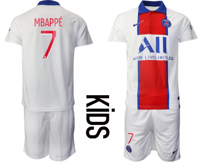 Kinder Paris Saint Germain PSG Auswärtstrikot 2020-21 weiß rot blau Trikotsatz MBAPPÉ #7