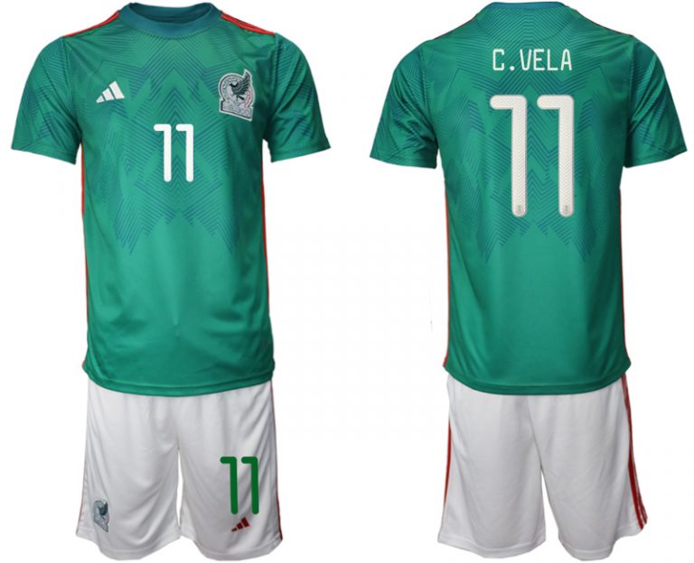 Mexiko Trikots 2022 Heimtrikot Trikotsatz Grün Kurzarm + Weiß Kurze Hosen C.VELA #11