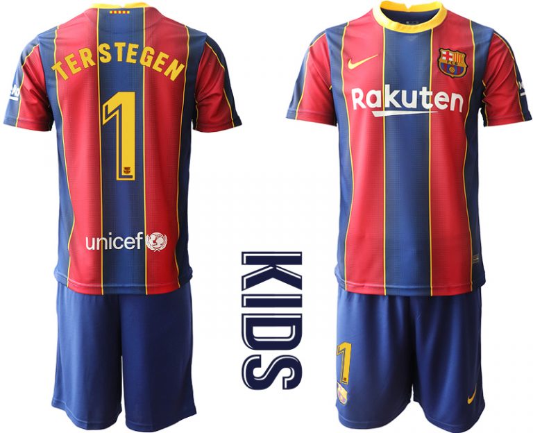 TER STEGEN 1 FC Barcelona Kinderheim Trikot 2020/21 Trikotsatz Kurzarm Rot Blau FußballTrikots