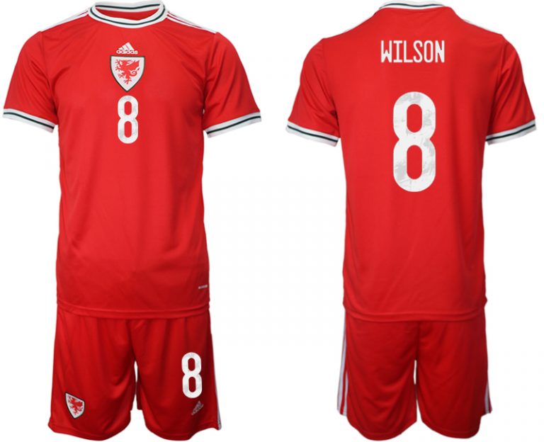 Wales Heimtrikots 2022 rot Trikotsatz Kurzarm + Kurze Hosen WILSON #8