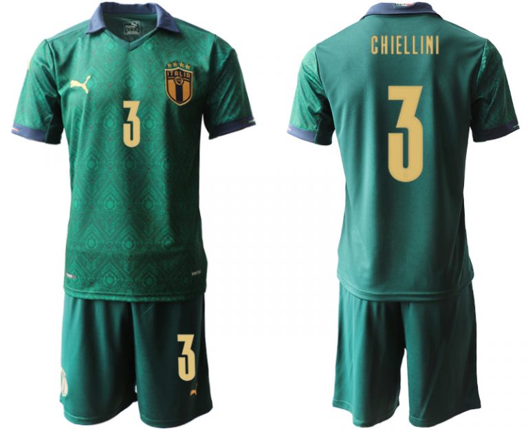 Herren Italien 2020 Ausweichtrikot Grün Kurzarm + Kurze Hosen CHIELLINI 3