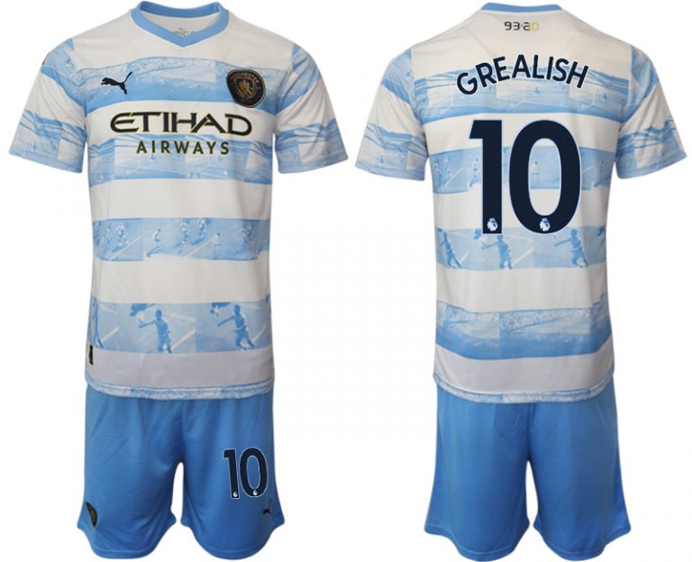 Herren Manchester City Aufwärmtrikot 2022/2023 weiß blau Kurzarm + Kurze Hosen GREALISH 10