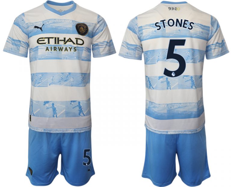 Manchester City Aufwärmtrikot 2022/2023 weiß blau Trikotsatz mit Aufdruck STONES 5