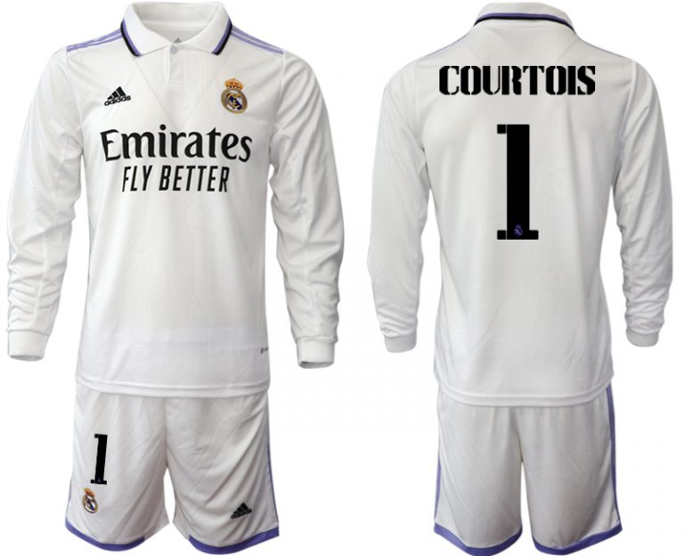 Real Madrid Trikots 2022-23 Heimtrikot Weiß Langarm + Kurze Hosen mit Aufdruck COURTOIS 1