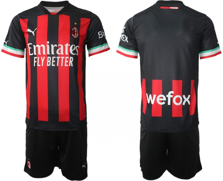 Herren AC Milan Heimtrikot 2022/23 Trikotsatz Schwarz Rot Kurzarm + Kurze Hosen