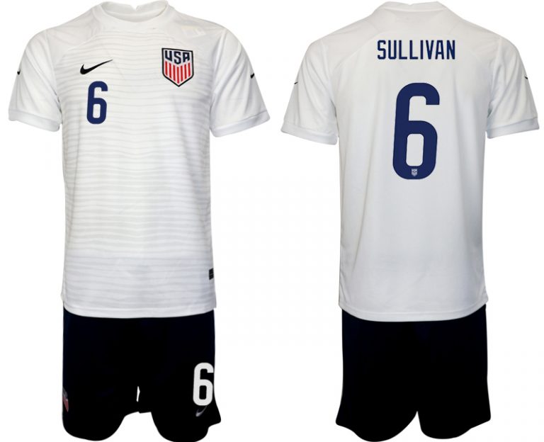 Herren USA Heimtrikot WM 2022 Weiß für draußen Kurzarm + Schwarz Kurze Hosen SULLIVAN 6