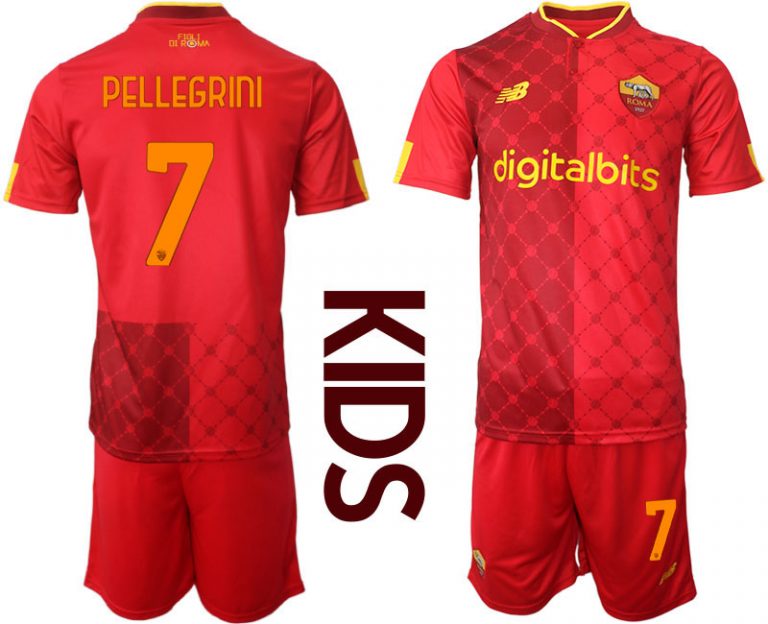 Kinder AS Roma 2022/23 Heimtrikot Rot Trikotsatz Kurzarm + Kurze Hosen mit Aufdruck PELLEGRINI 7