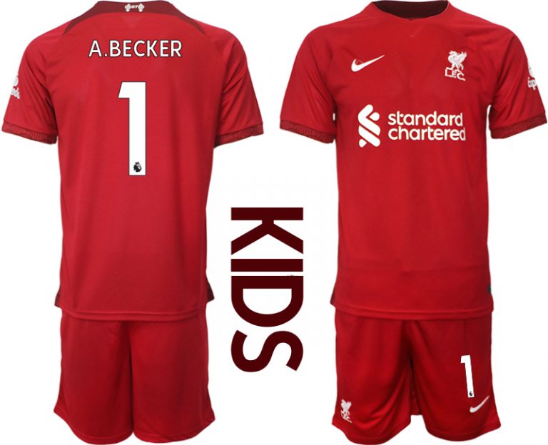 Kinder Fußballtrikots Liverpool Heimtrikot 2022/23 Rot Kurzarm + Kurze Hosen A.BECKER 1