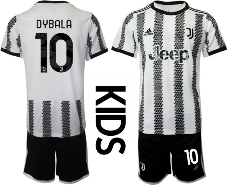 Kinder Juventus FC 2022-23 Heimtrikot Schwarz Weiß Kurzarm + Kurze Hosen DYBALA 10