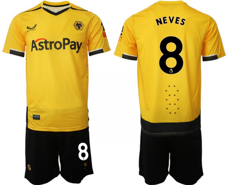 Herren Castore Wolverhampton Wanderers F.C. 2022-23 Heimtrikot Gelb Trikotsatz NEVES 8