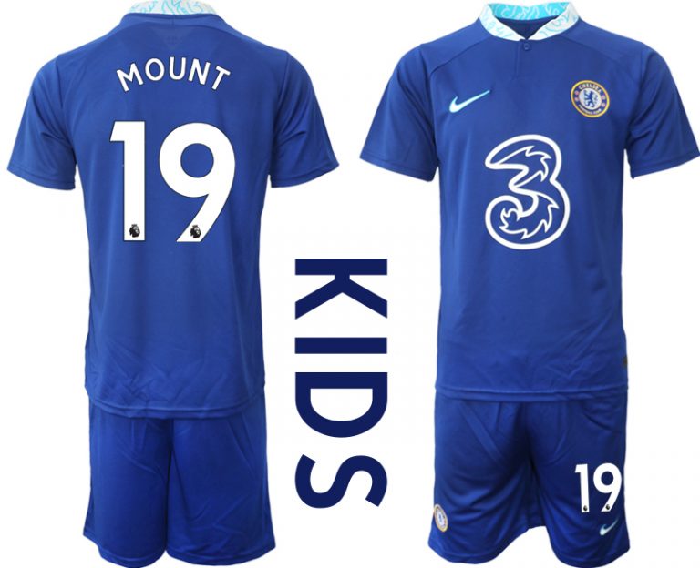 Kinder FußballTrikot Chelsea FC 2022/23 Heimtrikot Blau Kurzarm + Kurze Hosen mit Aufdruck MOUNT 19