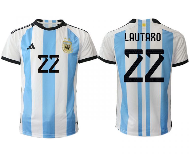Argentinien Heimtrikot WM 2022 Weiss Blau Kurzarm Online Kaufen mit Aufdruck LAUTARO 22