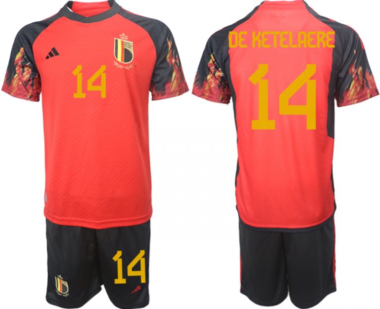 Fußballtrikot für Herren Belgien WM 2022 Heimtrikot rot schwarz Trikotsatz DE KETELAERE 14