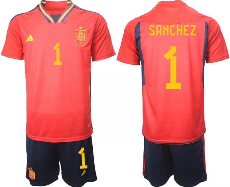 Herren Spanien WM 2022 Heimtrikot Teampower Rot Kurzarm + Kurze Hosen SANCHEZ 1